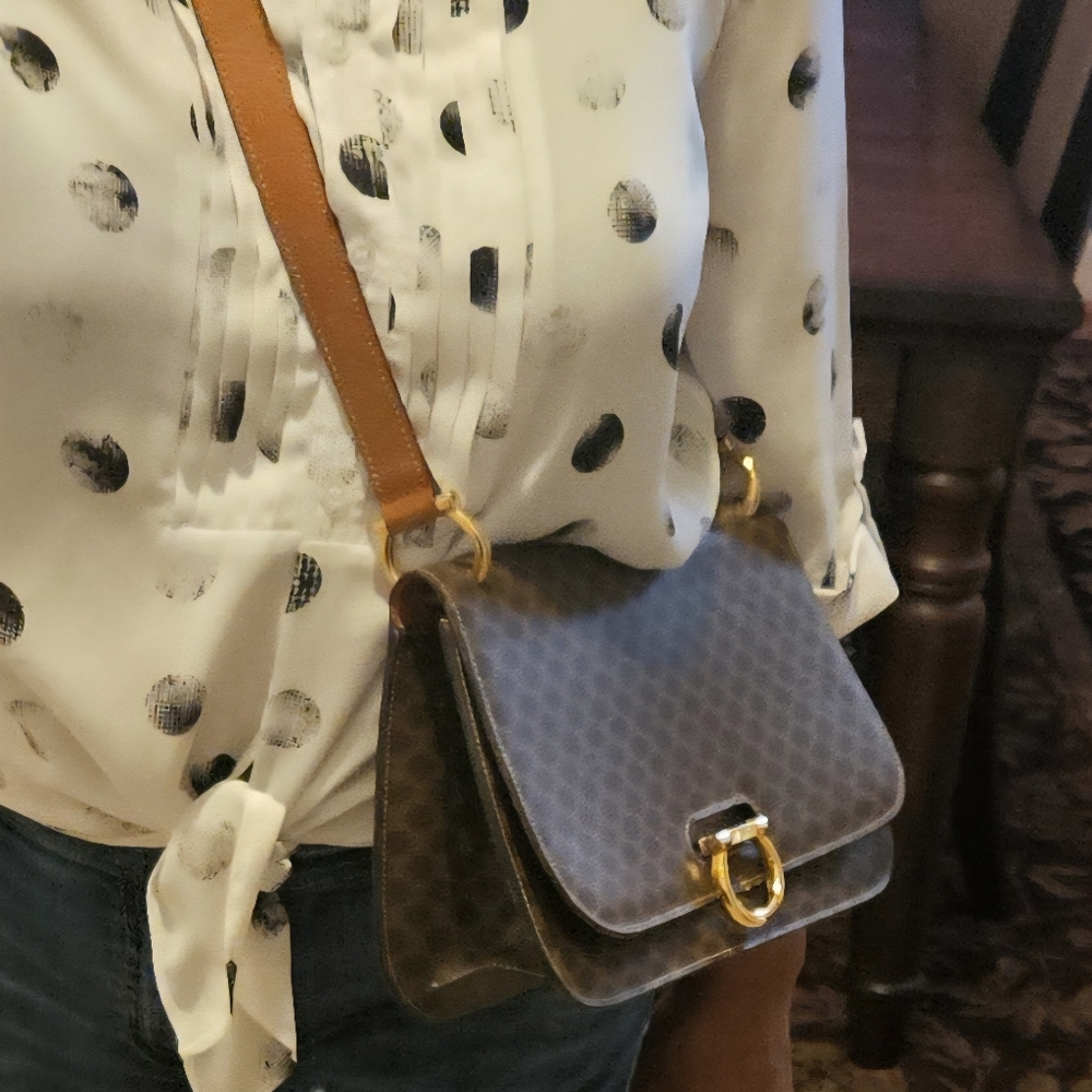 Celine Brown Monogram Shoulder Bag with Tan Leather Strap and Gold Hardware - Picture 4 of 17
